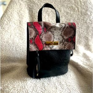Faux snakeskin and leather black mini backpack